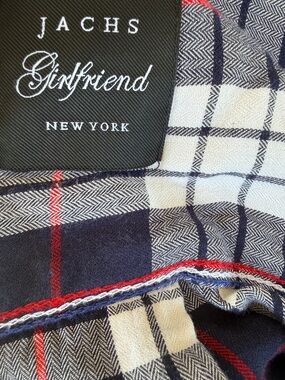 JACHS Girlfriend Navy Plaid Scarf with Red and Cream Accents